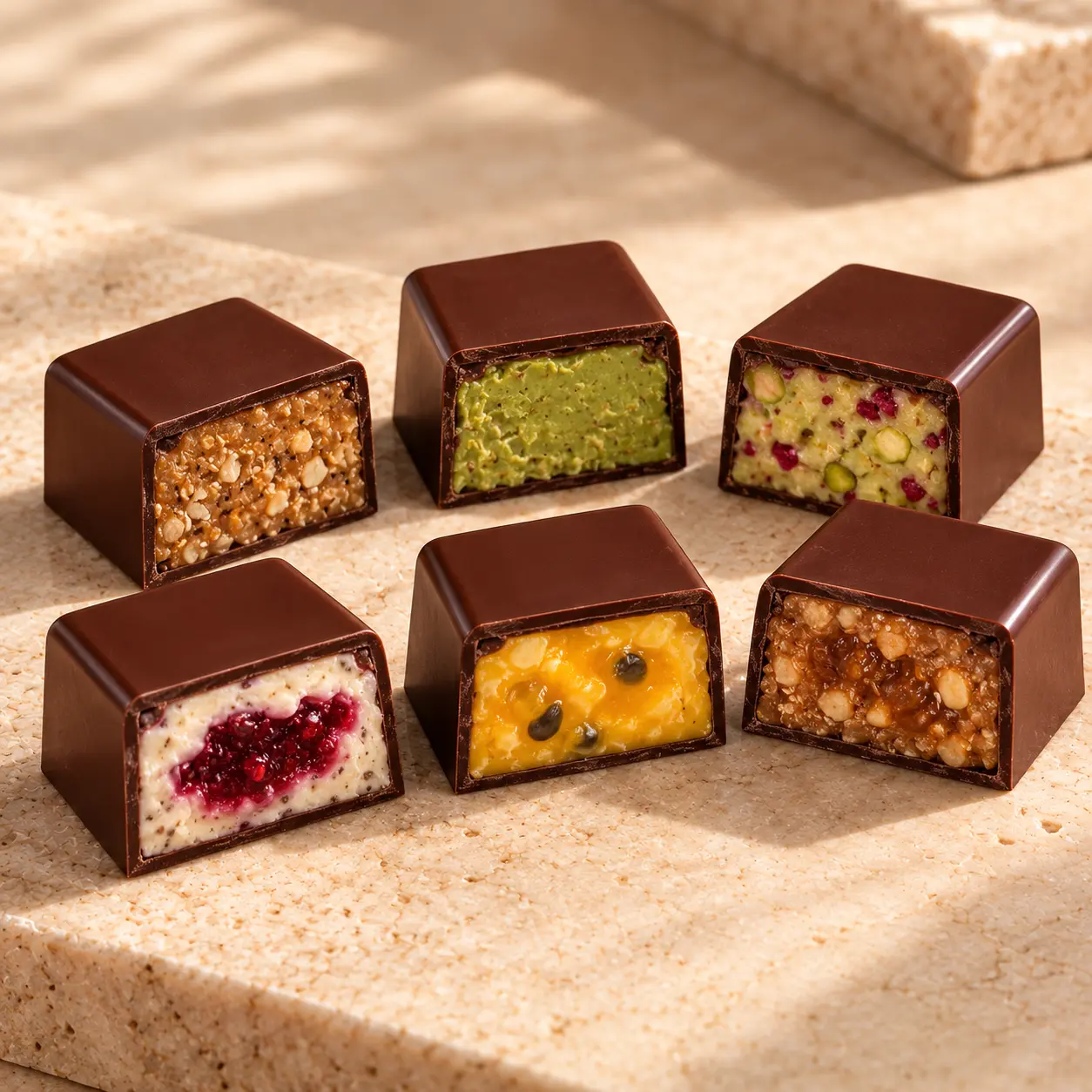 The six SIGNATURE filled chocolates, cut open to reveal their fillings
