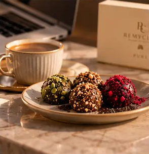 PURE protein bites beside a cup of coffee