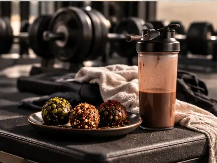A PURE box and protein bites beside a shaker at the gym