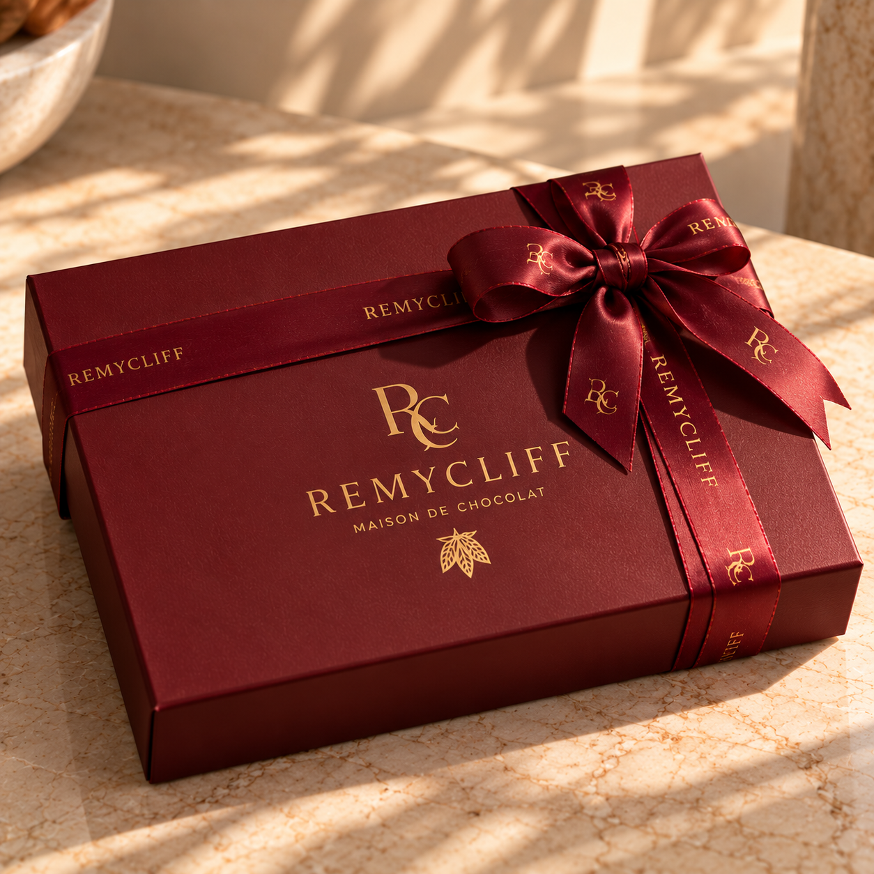 The closed burgundy Remycliff gift box tied with a satin ribbon